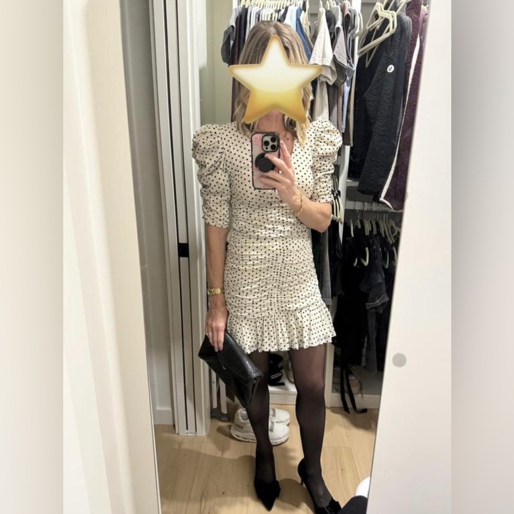 Maeve Puff-Sleeve Ruched Mesh Polka Dot Mini Dress - Picture 10 of 10